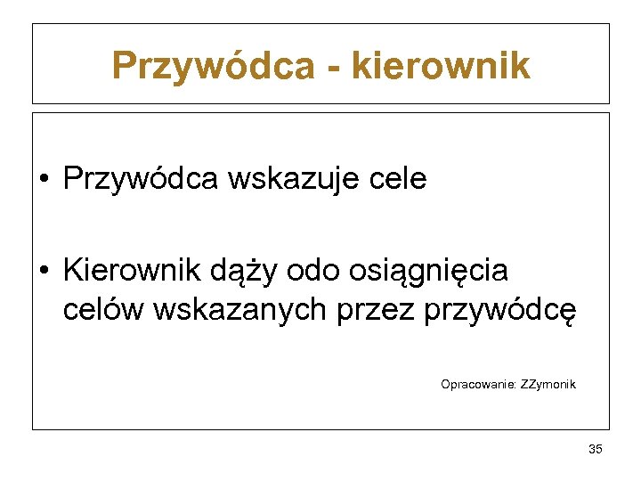 Przywódca - kierownik • Przywódca wskazuje cele • Kierownik dąży odo osiągnięcia celów wskazanych