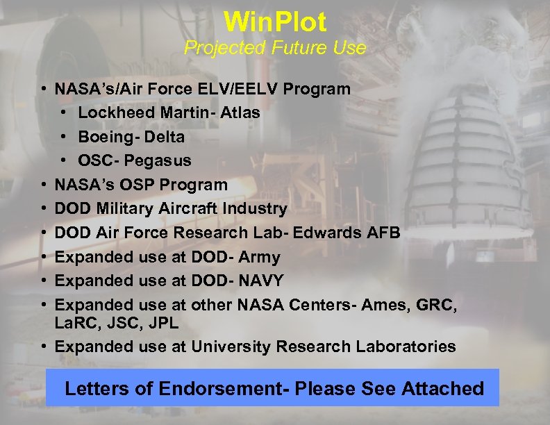 Win. Plot Projected Future Use • NASA’s/Air Force ELV/EELV Program • Lockheed Martin- Atlas
