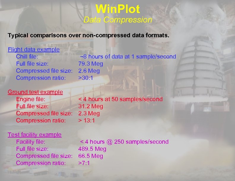 Win. Plot Data Compression Typical comparisons over non-compressed data formats. Flight data example Chill
