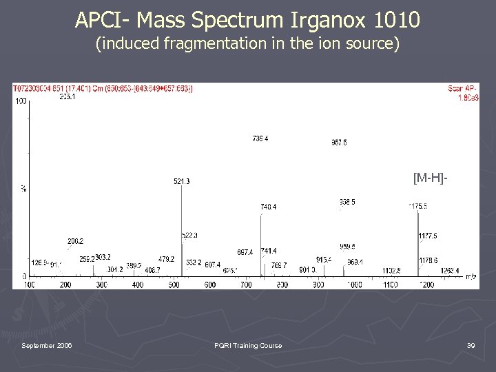 APCI- Mass Spectrum Irganox 1010 (induced fragmentation in the ion source) [M-H]- September 2006