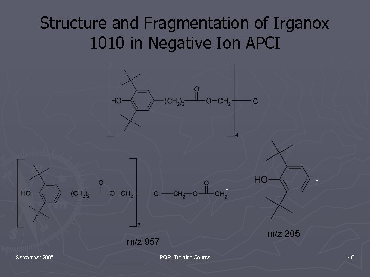 Structure and Fragmentation of Irganox 1010 in Negative Ion APCI - - m/z 957