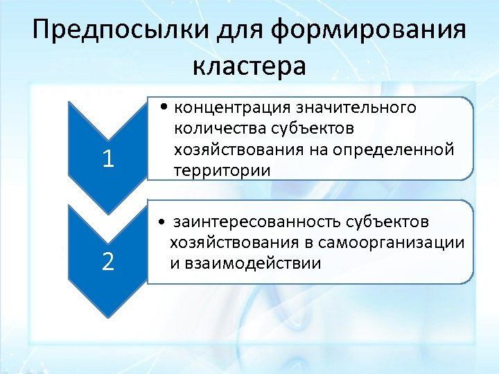 Предпосылки для формирования кластера 1 • концентрация значительного количества субъектов хозяйствования на определенной территории