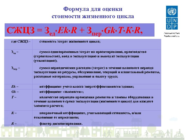 Формула для оценки стоимости жизненного цикла СЖЦЗ = Зед Еk R + Зпер Gk