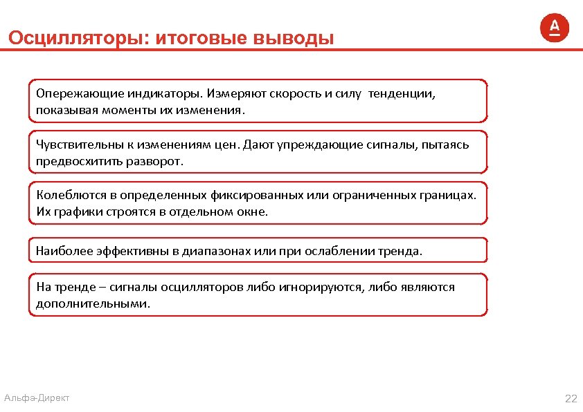 Осцилляторы: итоговые выводы Опережающие индикаторы. Измеряют скорость и силу тенденции, показывая моменты их изменения.
