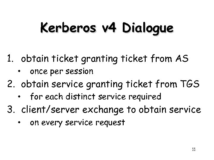 Kerberos v 4 Dialogue 1. obtain ticket granting ticket from AS • once per