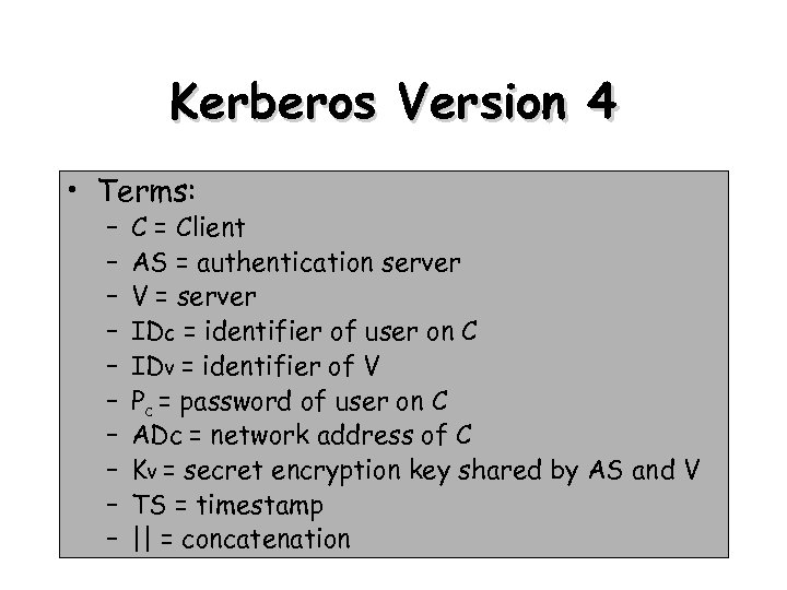 Kerberos Version 4 • Terms: – – – – – C = Client AS