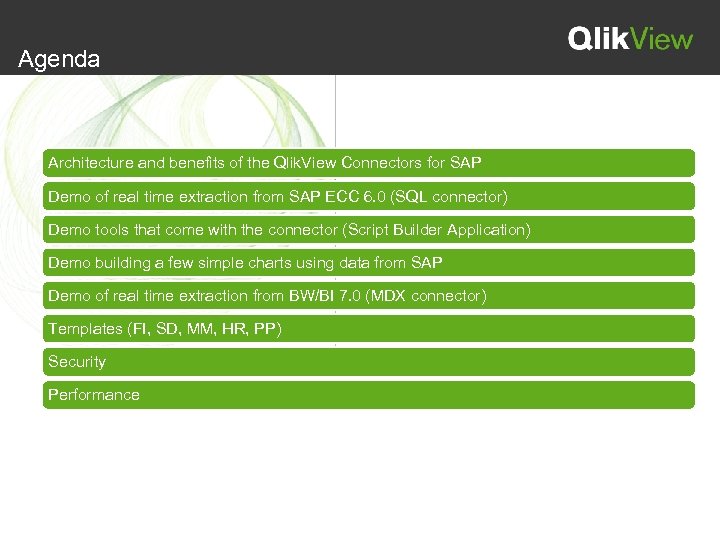 Agenda Architecture and benefits of the Qlik. View Connectors for SAP Demo of real