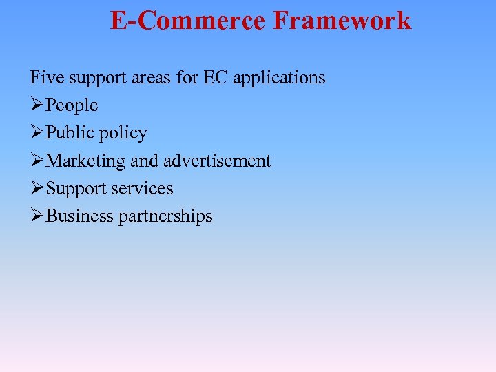 E-Commerce Framework Five support areas for EC applications ØPeople ØPublic policy ØMarketing and advertisement