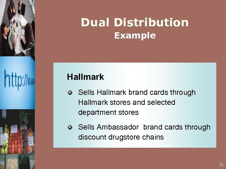 Dual Distribution Example Hallmark Sells Hallmark brand cards through Hallmark stores and selected department