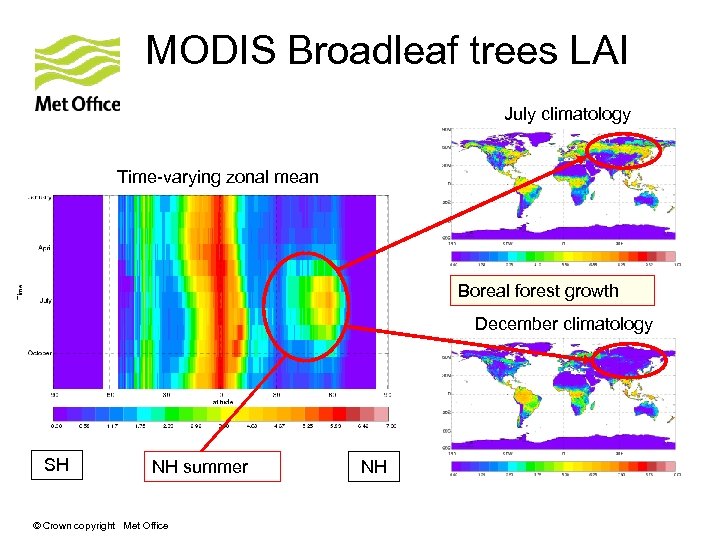 MODIS Broadleaf trees LAI July climatology Time-varying zonal mean Boreal forest growth December climatology