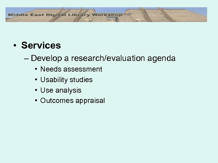  • Services – Develop a research/evaluation agenda • • Needs assessment Usability studies