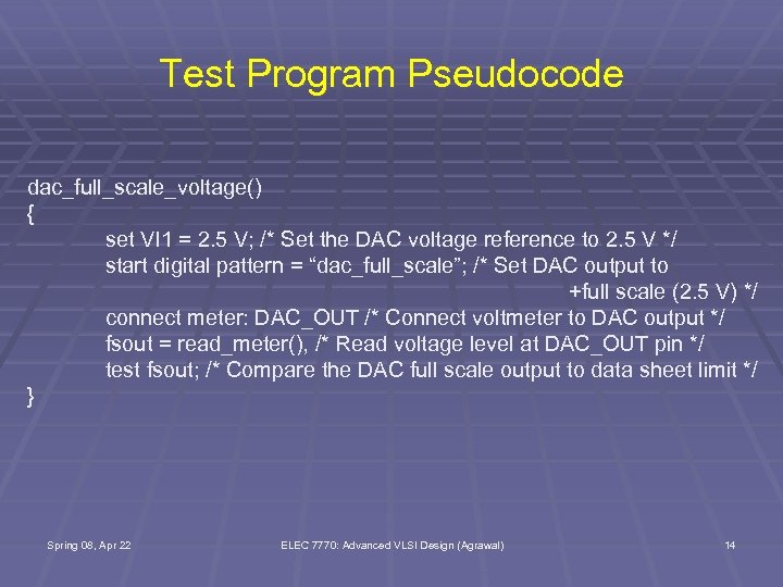 Test Program Pseudocode dac_full_scale_voltage() { set VI 1 = 2. 5 V; /* Set