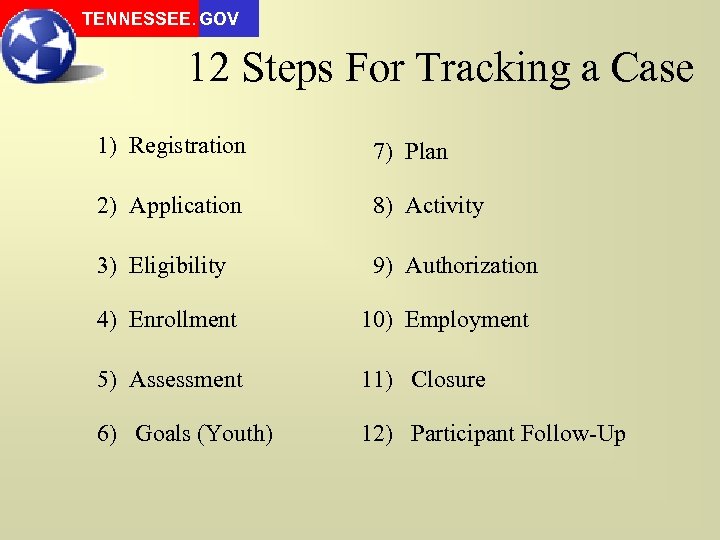 TENNESSEE. GOV 12 Steps For Tracking a Case 1) Registration 7) Plan 2) Application