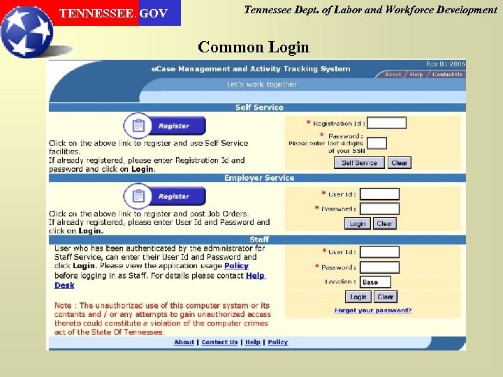 TENNESSEE. GOV Tennessee Dept. of Labor and Workforce Development Common Login 