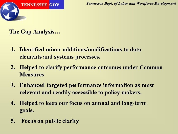 TENNESSEE. GOV Tennessee Dept. of Labor and Workforce Development The Gap Analysis… 1. Identified