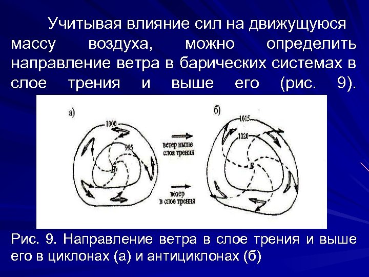 Учитывая влияние сил на движущуюся массу воздуха, можно определить направление ветра в барических системах