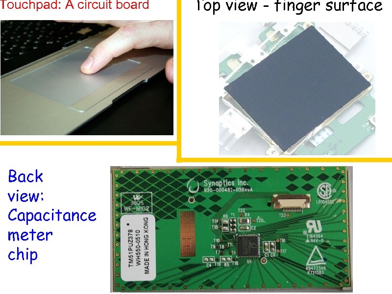 Touchpad: A circuit board Back view: Capacitance meter chip Top view - finger surface