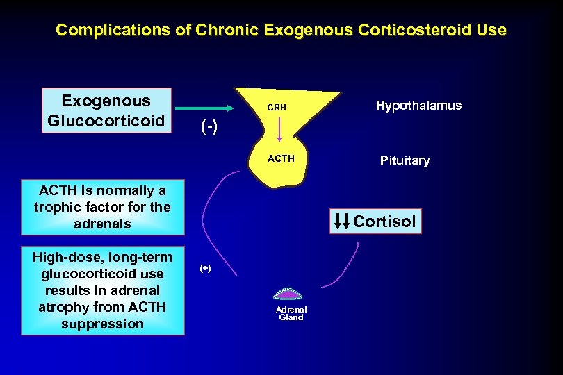 Complications of Chronic Exogenous Corticosteroid Use Exogenous Glucocorticoid CRH (-) ACTH is normally a