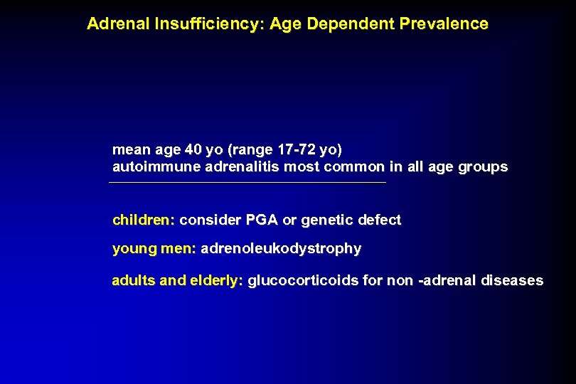 Adrenal Insufficiency: Age Dependent Prevalence mean age 40 yo (range 17 -72 yo) autoimmune