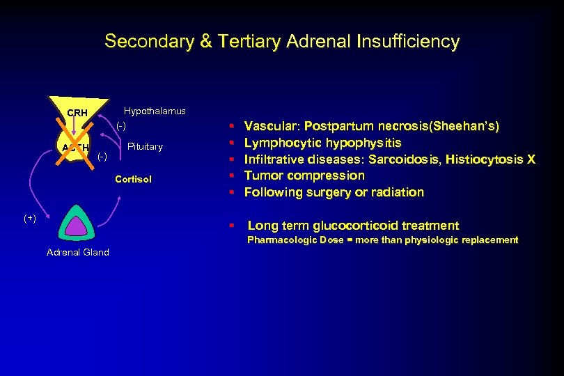 Secondary & Tertiary Adrenal Insufficiency Hypothalamus CRH (-) ACTH (-) Pituitary Cortisol (+) §
