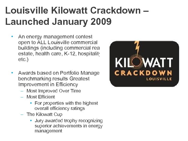 Louisville Kilowatt Crackdown – Launched January 2009 • An energy management contest open to