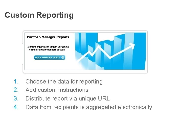 Custom Reporting 1. 2. 3. 4. Choose the data for reporting Add custom instructions