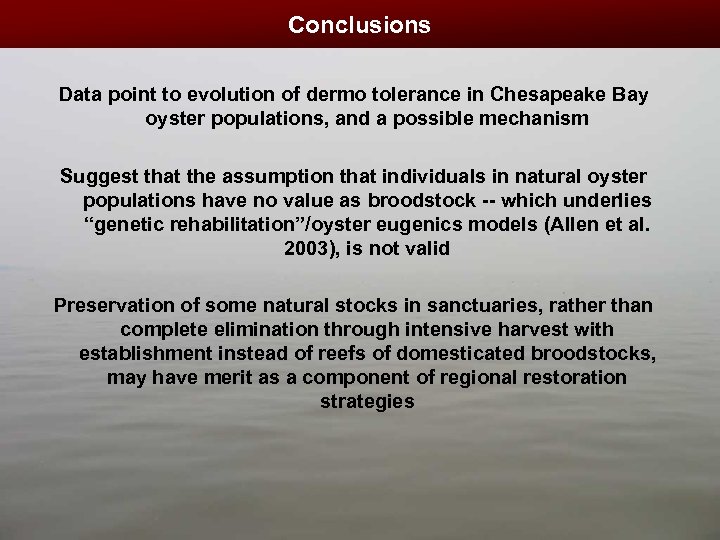 Conclusions Data point to evolution of dermo tolerance in Chesapeake Bay oyster populations, and