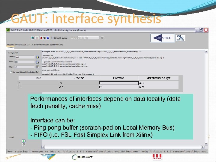 GAUT: Interface synthesis Performances of interfaces depend on data locality (data fetch penality, cache