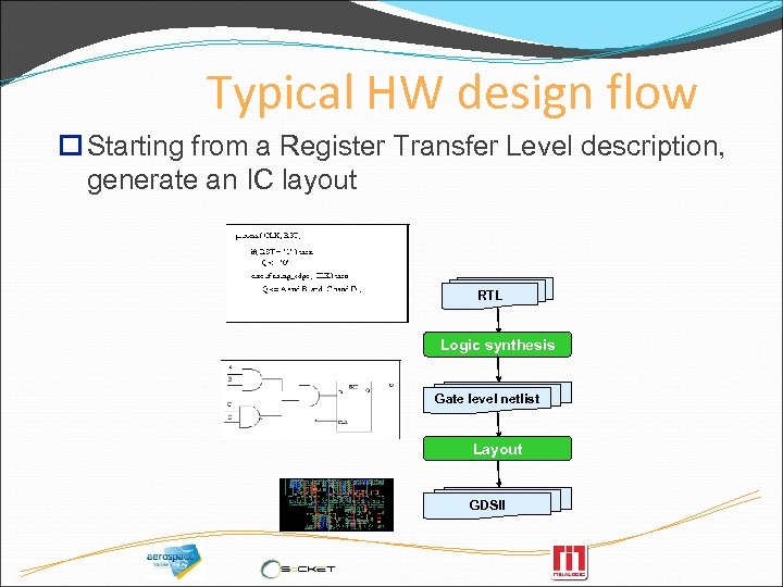 Typical HW design flow o Starting from a Register Transfer Level description, generate an
