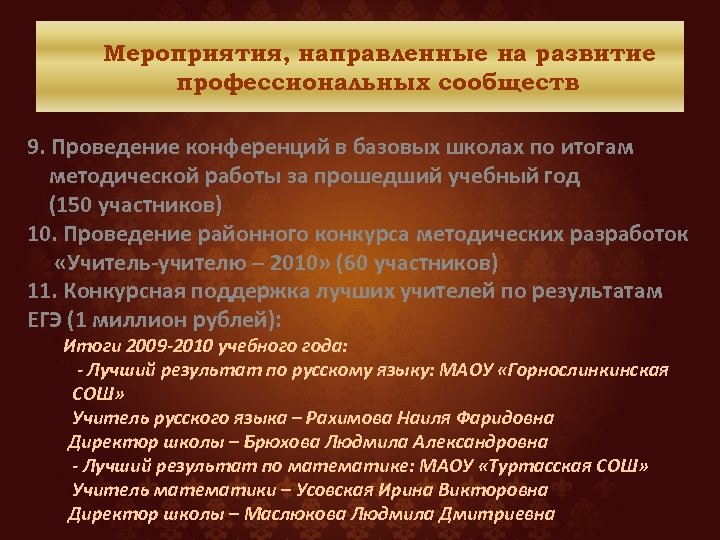 Мероприятия, направленные на развитие профессиональных сообществ 9. Проведение конференций в базовых школах по итогам