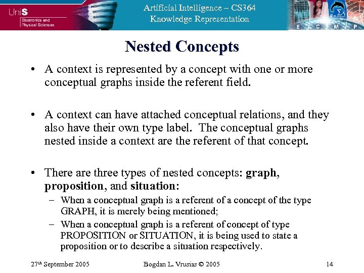 Artificial Intelligence – CS 364 Knowledge Representation Nested Concepts • A context is represented