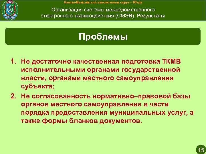 Ханты-Мансийский автономный округ – Югра Организация системы межведомственного электронного взаимодействия (СМЭВ). Результаты Проблемы 1.