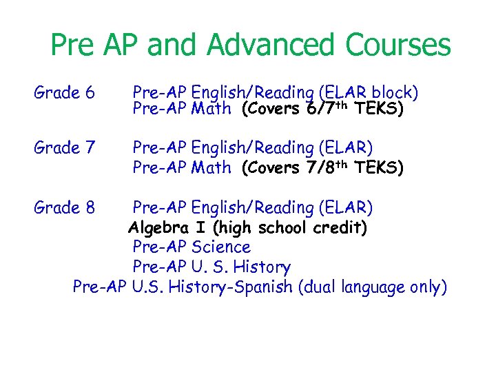 Pre AP and Advanced Courses Grade 6 Pre-AP English/Reading (ELAR block) Pre-AP Math (Covers