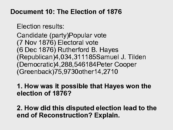 Document 10: The Election of 1876 Election results: Candidate (party)Popular vote (7 Nov 1876)