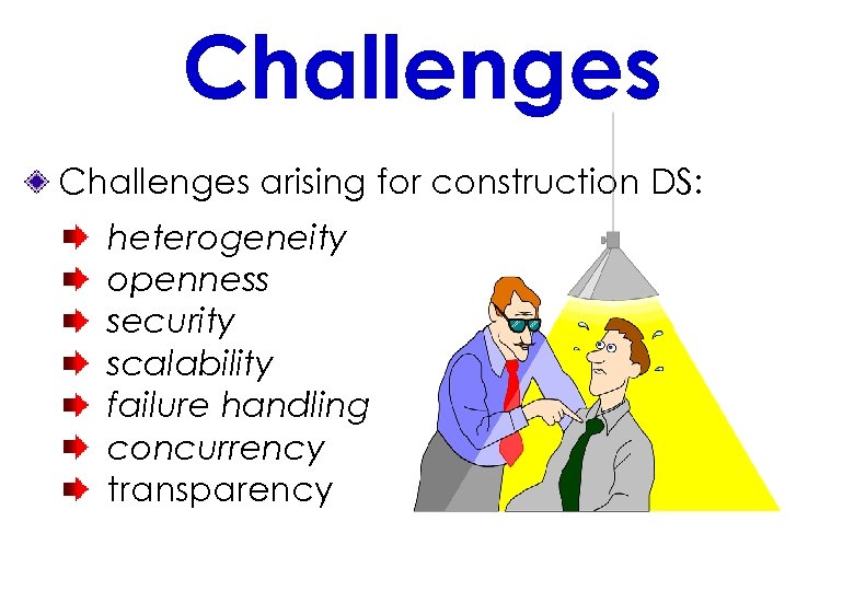Challenges arising for construction DS: heterogeneity openness security scalability failure handling concurrency transparency 