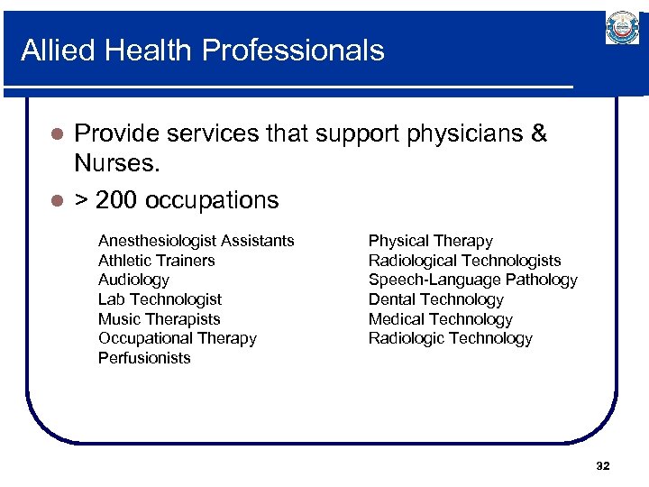Allied Health Professionals Provide services that support physicians & Nurses. l > 200 occupations