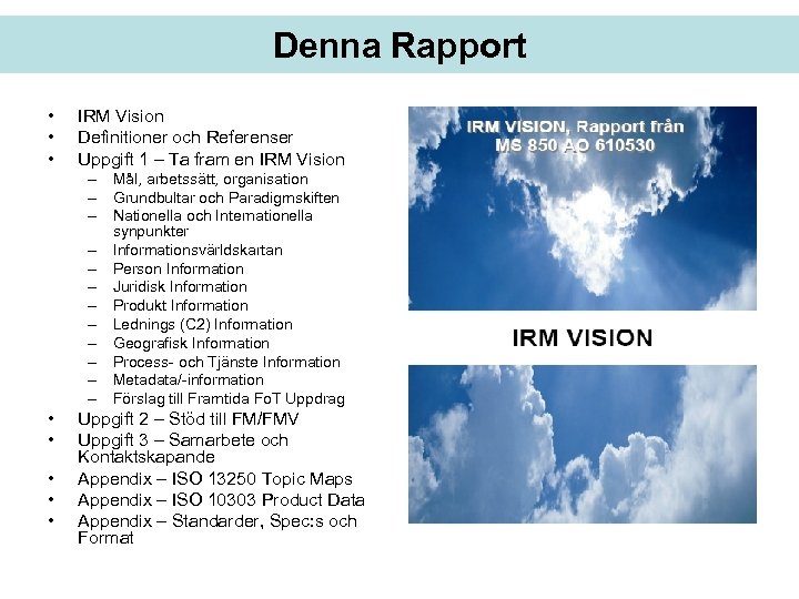 Denna Rapport • • • IRM Vision Definitioner och Referenser Uppgift 1 – Ta