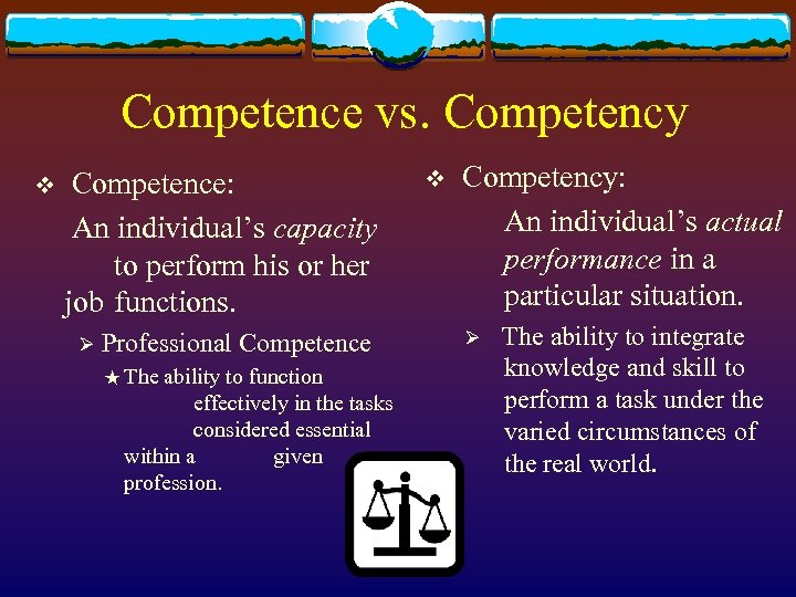Competence vs. Competency v Competence: An individual’s capacity to perform his or her job