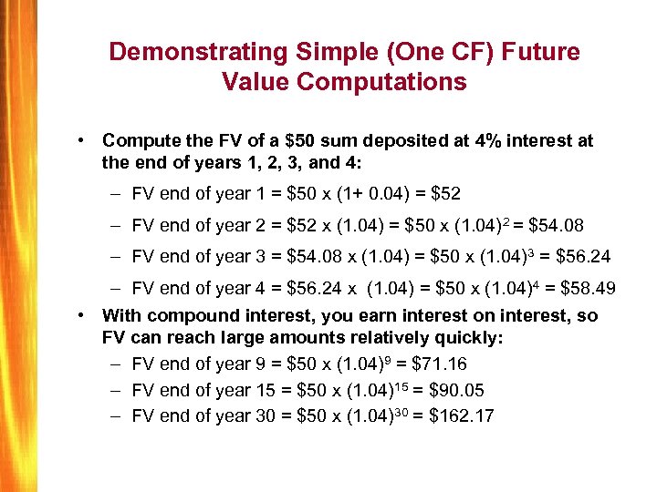 Demonstrating Simple (One CF) Future Value Computations • Compute the FV of a $50