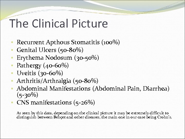 The Clinical Picture Recurrent Apthous Stomatitis (100%) Genital Ulcers (50 -80%) Erythema Nodosum (30