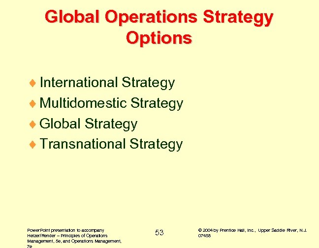 Global Operations Strategy Options ¨ International Strategy ¨ Multidomestic Strategy ¨ Global Strategy ¨