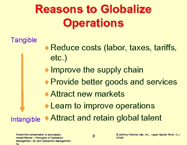 Reasons to Globalize Operations Tangible ¨ Reduce costs (labor, taxes, tariffs, etc. ) ¨