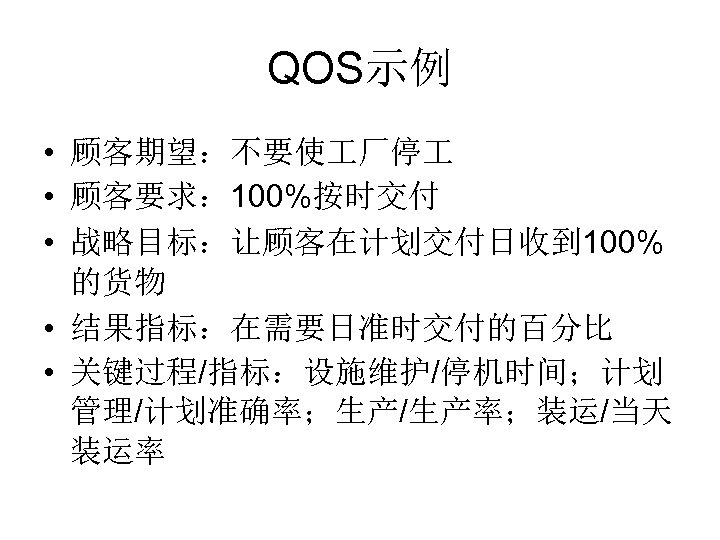 QOS示例 • 顾客期望：不要使 厂停 • 顾客要求： 100%按时交付 • 战略目标：让顾客在计划交付日收到 100% 的货物 • 结果指标：在需要日准时交付的百分比 •