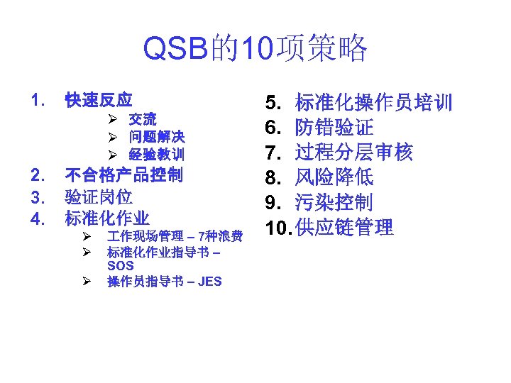 QSB的10项策略 1. 快速反应 Ø 交流 Ø 问题解决 Ø 经验教训 2. 3. 4. 不合格产品控制 验证岗位