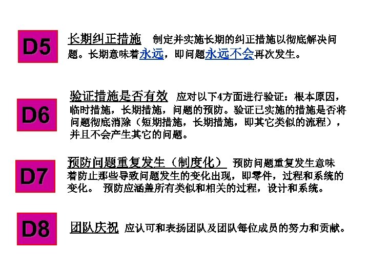 D 5 长期纠正措施 制定并实施长期的纠正措施以彻底解决问 题。长期意味着永远，即问题永远不会再次发生。 验证措施是否有效 应对以下4方面进行验证：根本原因， D 6 D 7 D 8 临时措施，长期措施，问题的预防。验证已实施的措施是否将