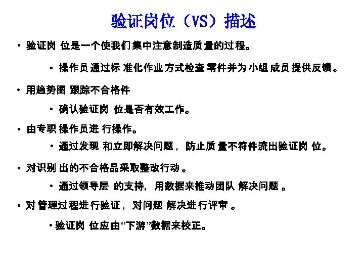 验证岗位（VS）描述 • 验证岗 位是一个使我们 集中注意制造质 量的过 程。 • 操作员 通过标 准化作业 方式检查 零件并为 小组