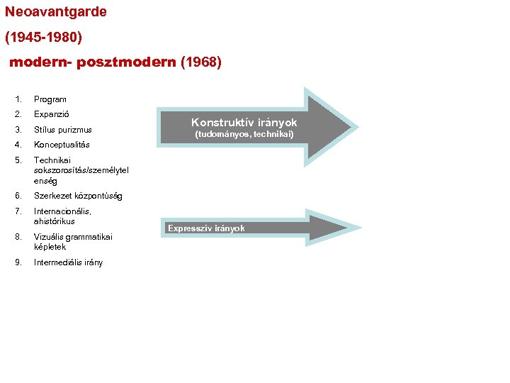 Neoavantgarde (1945 -1980) modern- posztmodern (1968) 1. Program 2. Expanzió 3. Stílus purizmus 4.