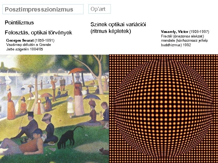 Posztimpresszionizmus Op’art Pointilizmus Színek optikai variációi (ritmus képletek) Felosztás, optikai törvények Georges Seurat (1859