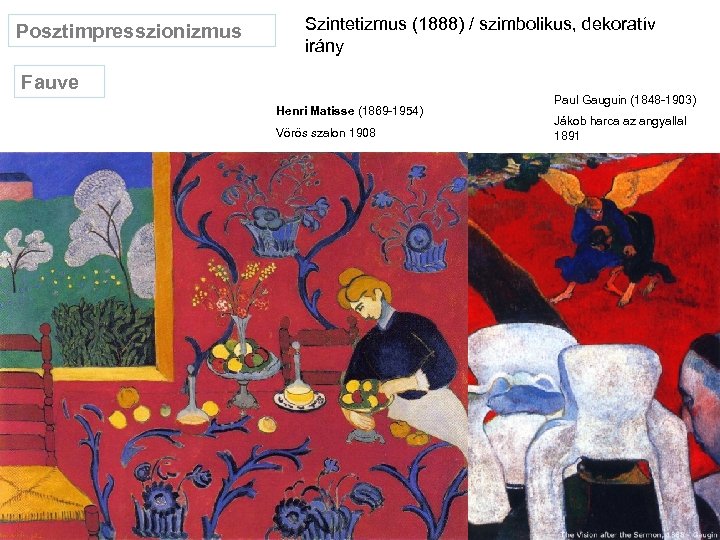 Posztimpresszionizmus Szintetizmus (1888) / szimbolikus, dekoratív irány Fauve Henri Matisse (1869 -1954) Vörös szalon