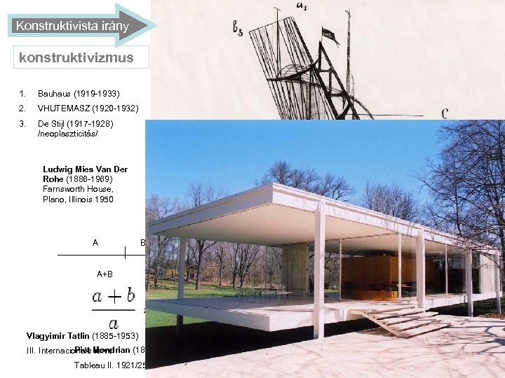 Konstruktivista irány konstruktivizmus 1. Bauhaus (1919 -1933) 2. VHUTEMASZ (1920 -1932) 3. De Stijl